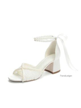 Lace Pearl Low Heel Wedding Sandals Open Toe Ankle Strap Bride Heels